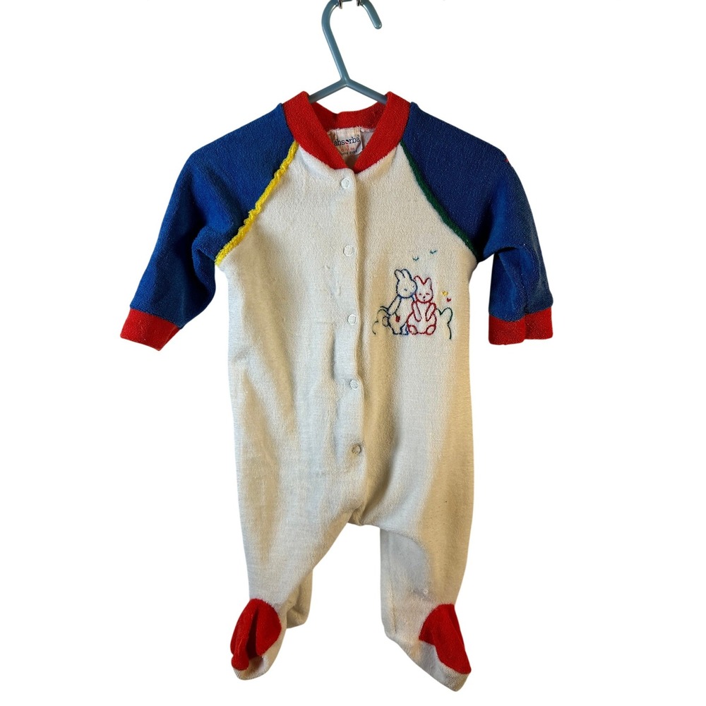 Absorba Footed Sleeper Size S 0-11 lbs White Blue Red Bunny Terry Cloth Unisex